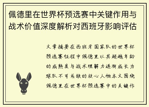 佩德里在世界杯预选赛中关键作用与战术价值深度解析对西班牙影响评估